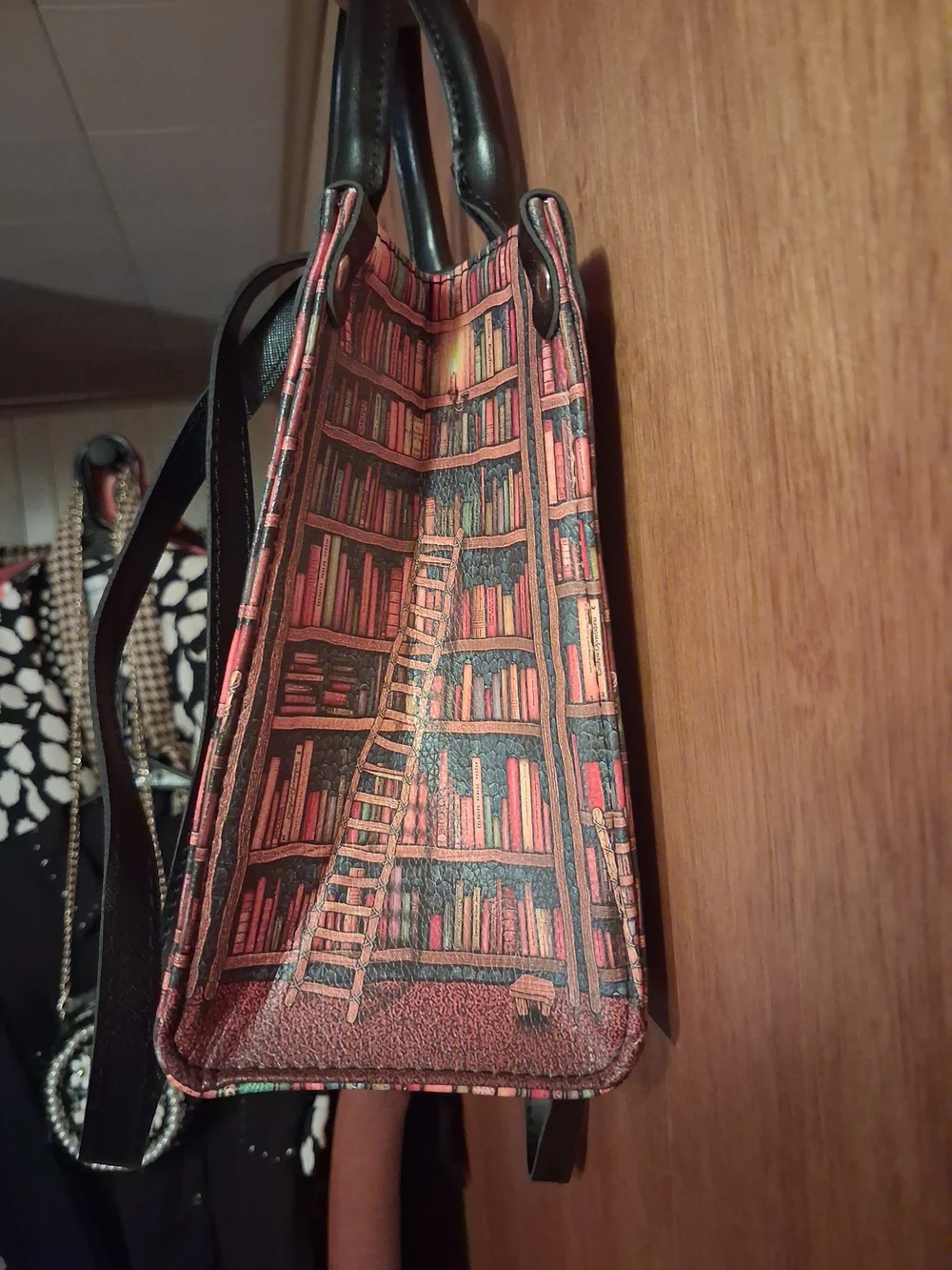 Library Print Satchel Handbag - Black Handles, Multicolor Bookcase Pattern